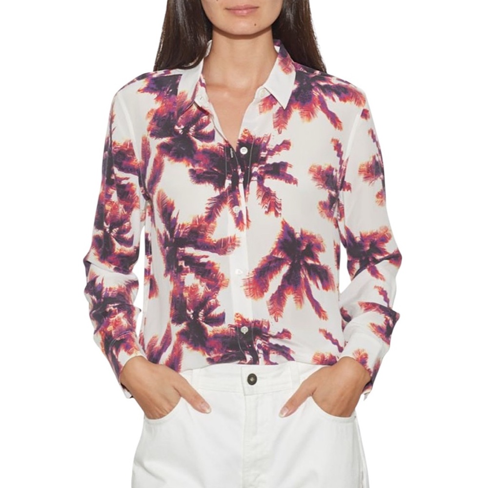 Equipment Women’s Leema Button-Up Silk Blouse Sz L White Palm Tree Print Career